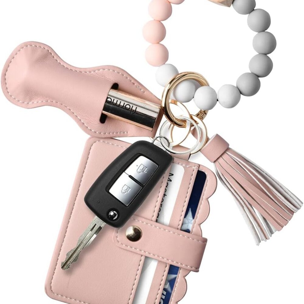 Women Wristlet Bracelet Keychain Wallet,Silicone Beaded Bangle Keyring Tassel